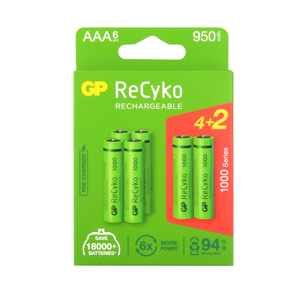 GP%20ReCyko%20AAA%201000%20Series%20950%20mAh%20Şarjlı%20İnce%20Kalem%20Pil%206lı