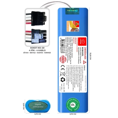 Arçelik RS 9121 2600mAh Uyumlu Bataryası Robot Süpürge Pili Li-ion Yedek Pil Paketi B2620BS-Arç-002