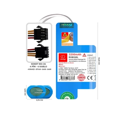Beko RS 2121 3200mAh Uyumlu Bataryası Robot Süpürge Pili Li-ion Yedek Pil Paketi T3224BS-Bek-006