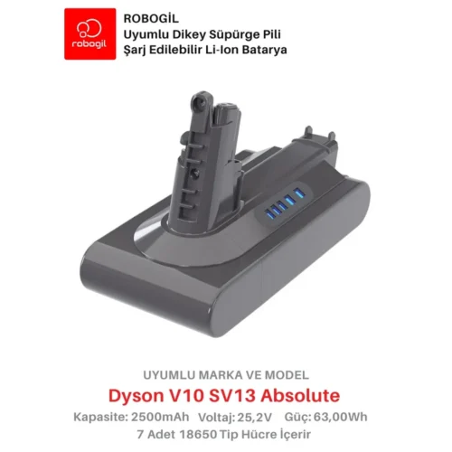 Dyson V10 SV13 Absolute 2500mAh Uyumlu Bataryası Dikey Süpürge Pili Li-ion Yedek Pil Paketi DysV10-SV13-01