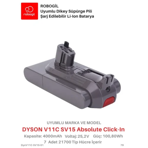 Dyson V11C SV15 Absolute 4000mAh Uyumlu Bataryası Dikey Süpürge Pili Li-ion Yedek Pil Paketi DysV11C-SV15-01