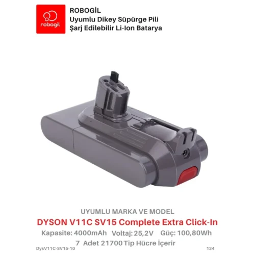 Dyson V11C SV15 Complete Extra Click-In 4000mAh Uyumlu Pil Paketi / Bataryası DysV11C-SV15-10Sıra: 134
