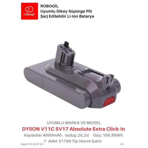 Dyson V11C SV17 Absolute Extra Click-In 4000mAh Uyumlu Pil Paketi / Bataryası DysV11C-SV17-01Sıra: 81