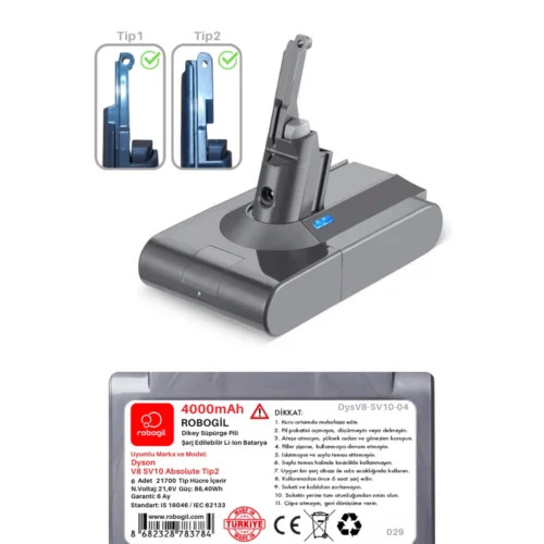 Dyson V8 SV10 Absolute 4000mAh Uyumlu Bataryası Dikey Süpürge Pili Li-ion Yedek Pil Paketi DysV8-SV10-04