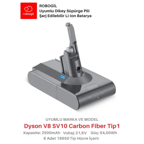 Dyson V8 SV10 Carbon Fiber 2500mAh Uyumlu Bataryası Dikey Süpürge Pili Li-ion Yedek Pil Paketi DysV8-SV10-13