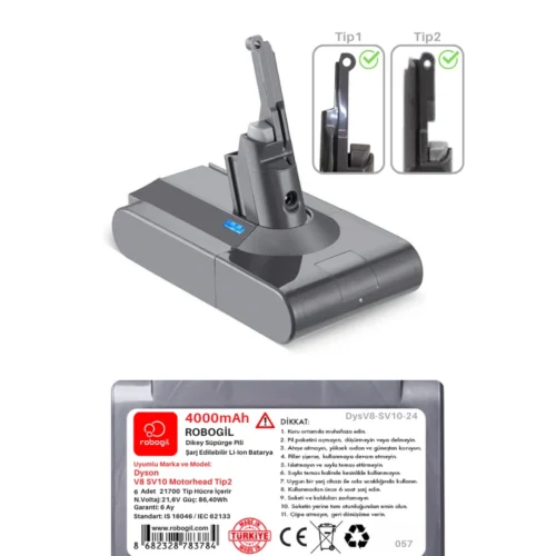 Dyson V8 SV10 Motorhead 4000mAh Uyumlu Bataryası Dikey Süpürge Pili Li-ion Yedek Pil Paketi DysV8-SV10-24