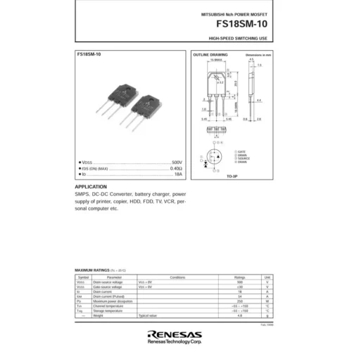FS18SM-10 TO-3P N-CHANNEL POWER MOSFET HIGH-SPEED SWITCHING USE