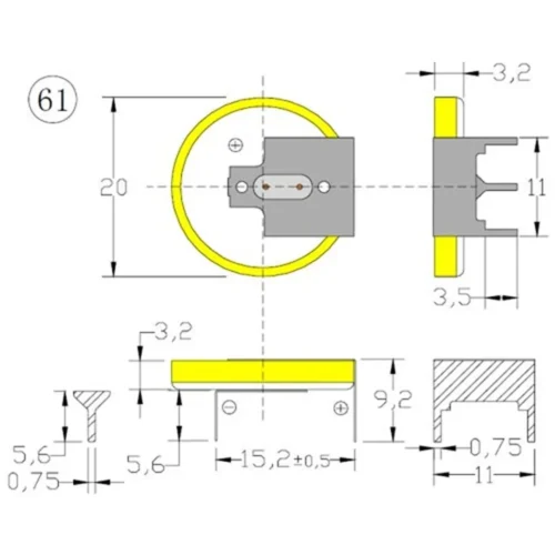 Power-Xtra CR2032-61YV - 3V Lithium Li-MnO2 Button Pil - 3 Pinli - Yatay -16mm